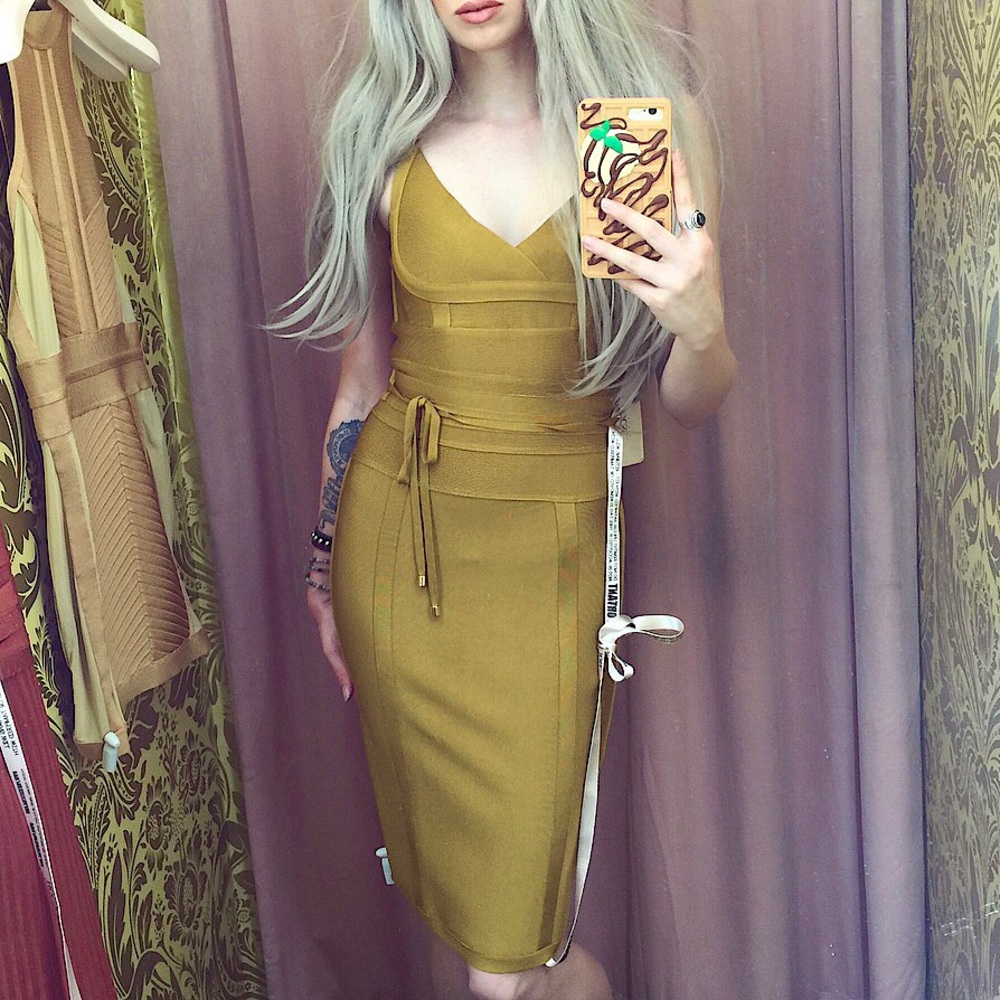 House of CB Mustard Yellow/Gold Belice Bodycon Dress Kimono Inspired Obi Waist